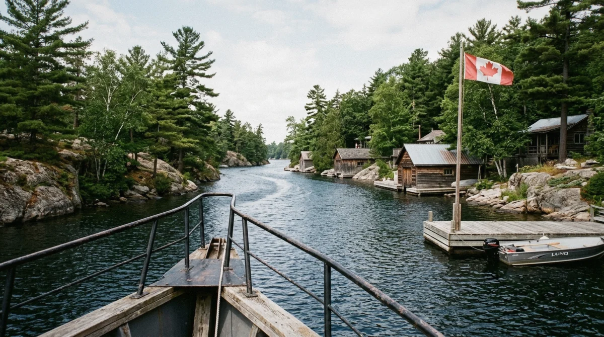 A narrow cottage-lined channel between granite islands seen on a 1000 islands cruise from Gananoque, the scenery Kingston departures do not reach