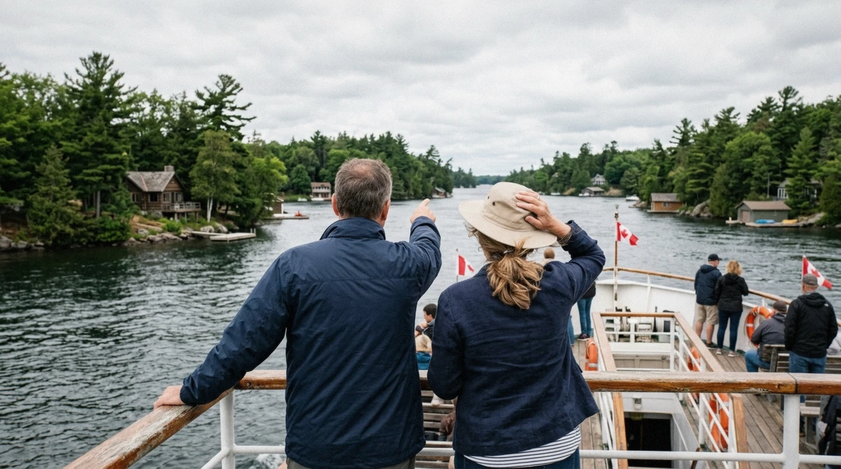 Passengers on the open upper deck of a Thousand Islands cruise boat, on a sailing that needs no passport for the 1000 islands cruise
